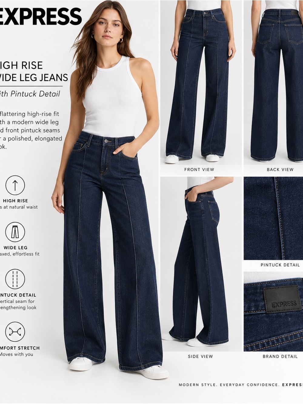 EXPRESS High Rise Pintuck Wide Leg Dark Wash Jeans Size 8R